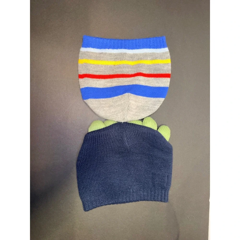 2 The Childrens Place Toddler Boys Knit Beanie Hat Dinosaur Mixed Striped 2T-3T